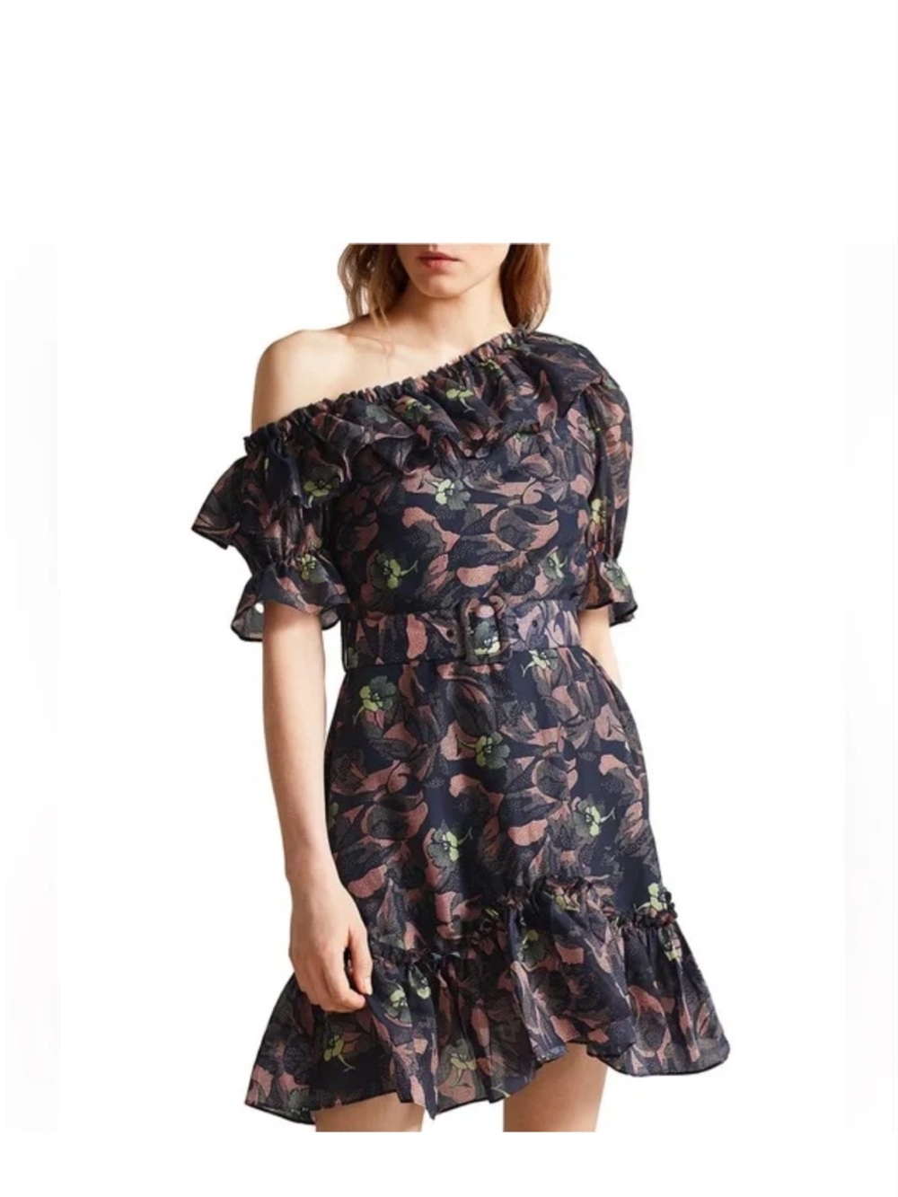 Ted Baker One-Shoulder Floral Ruffle Mini Dress - Black with Pink & Green